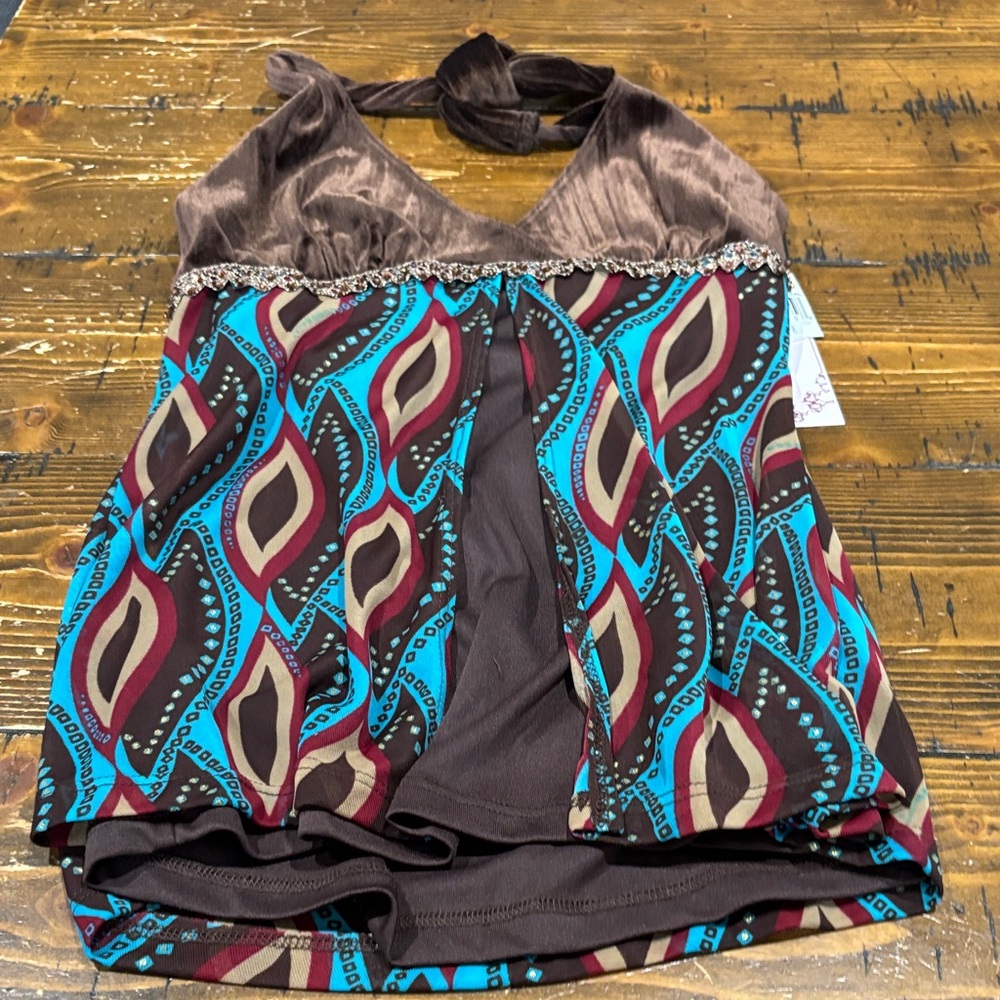 6 Degrees Brown and Blue Halter Top